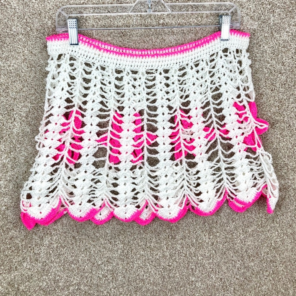 Handmade Crochet Floral Mini Skirt Womens M White Neon Pink FestivalBeach Wear - Picture 3 of 5